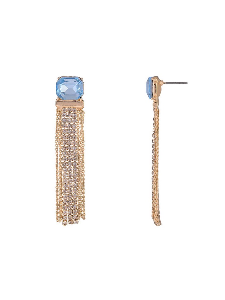 Gold Tassel Drop Earrings With Light Blue Stone